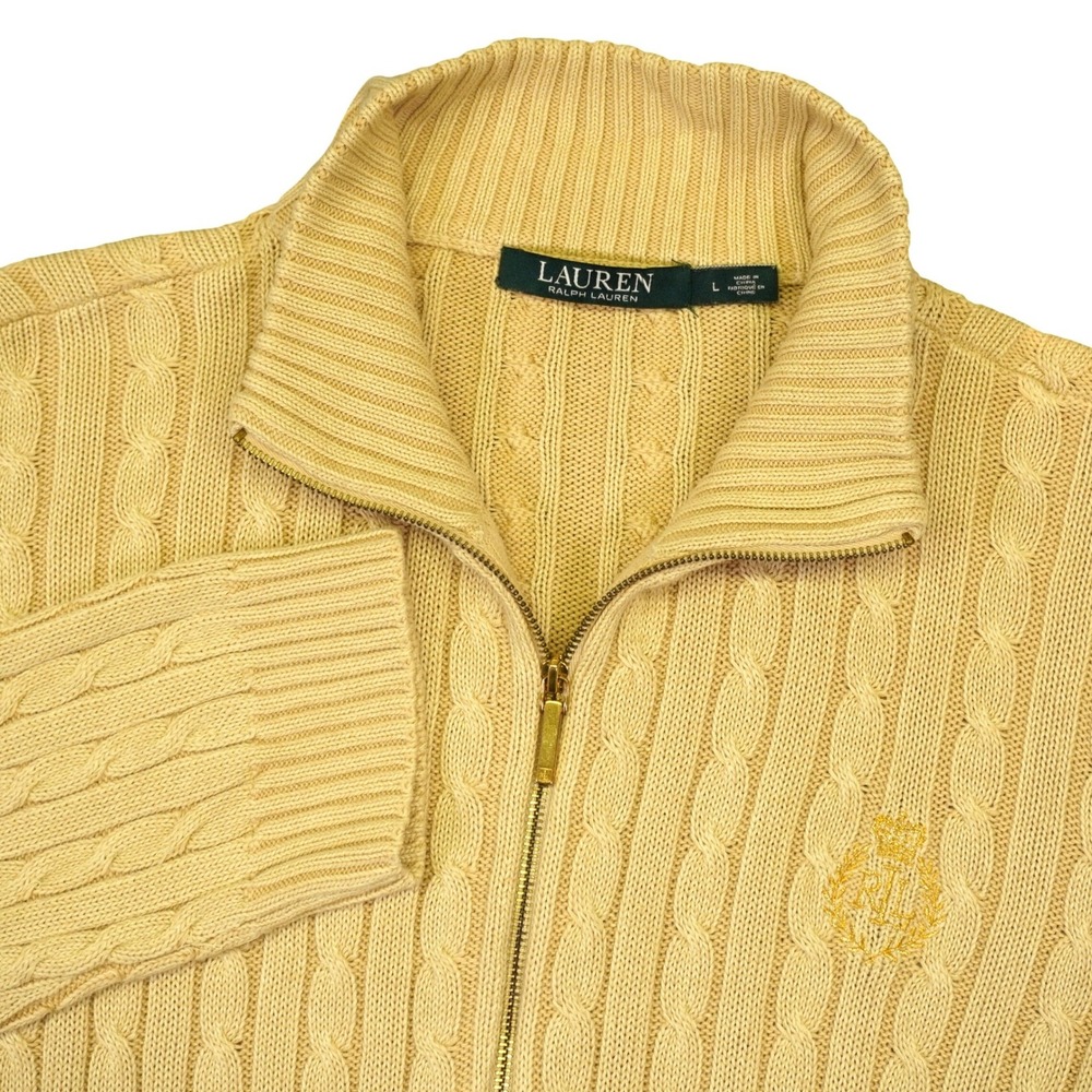Lauren Ralph Lauren Full Zip Cable Knit Sweater Women L Tan Mock Neck Crest Gold